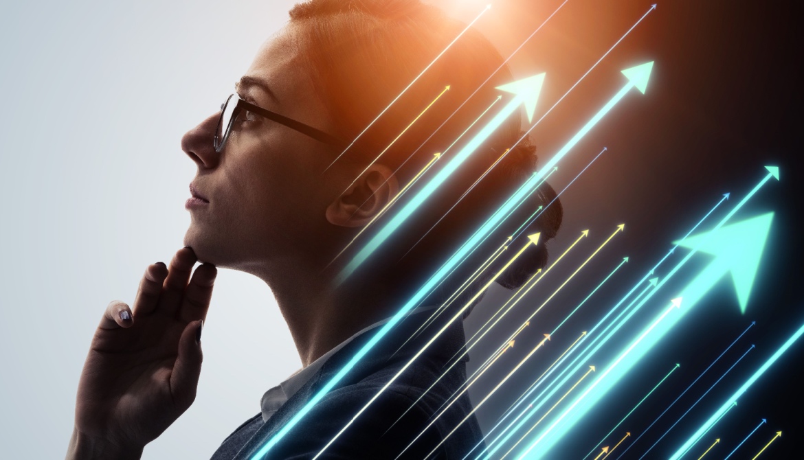 businesswoman with hand on her chin gazes up with arrows pointing up behind her