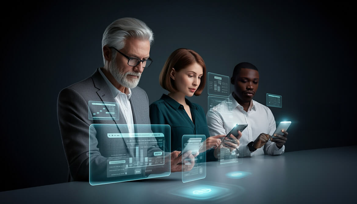 3 individuals sitting at a table working on their mobile devices