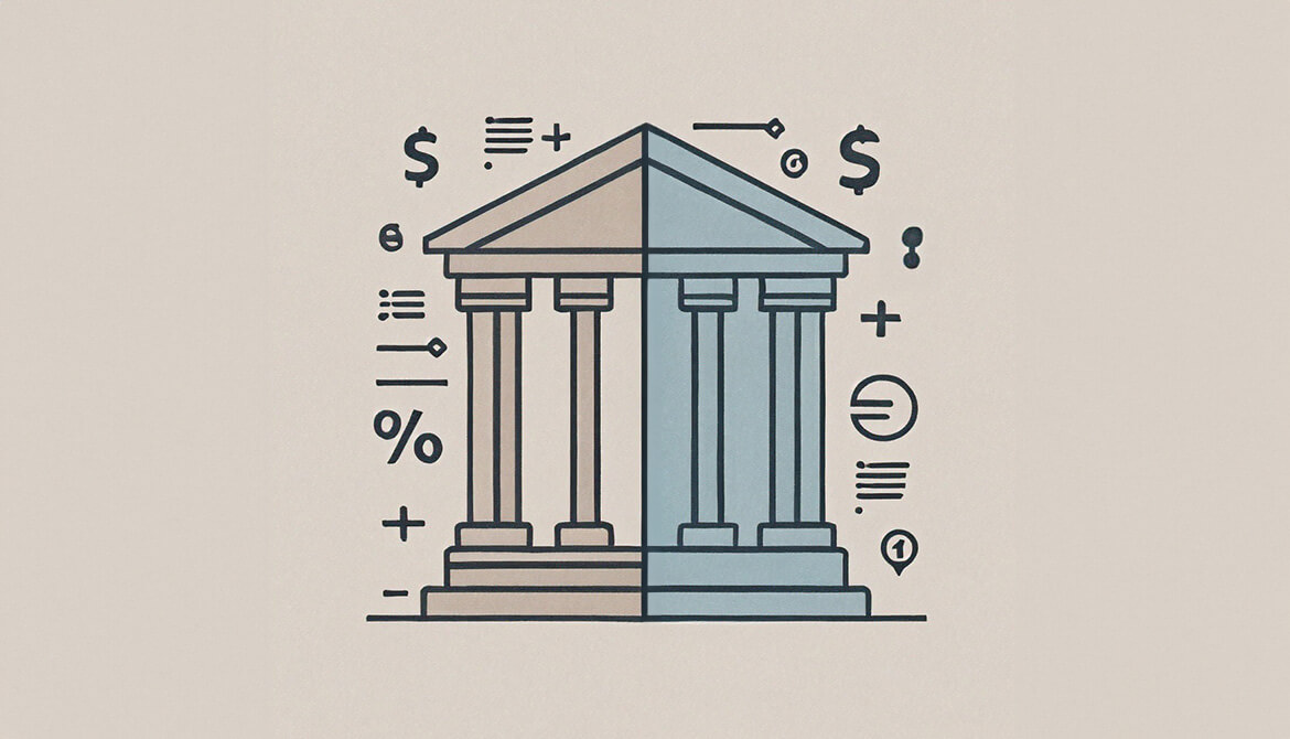 iconography of bank building surrounded by mathematical images