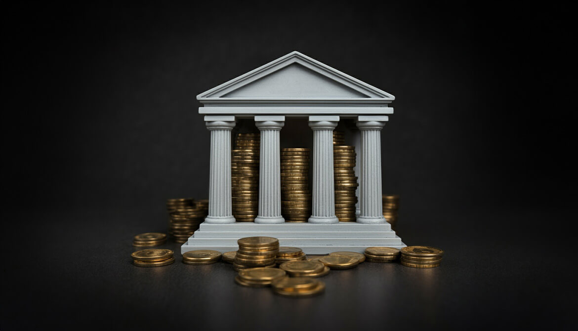 columned entryway with coins stacked up between columns