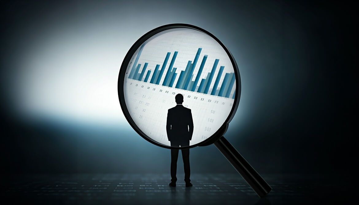 silhouette of a man standing in front of a magnifying glass looking at chart graph