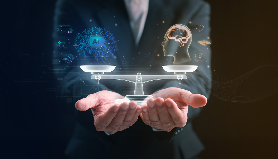 Scales showing AI and a person balanced 