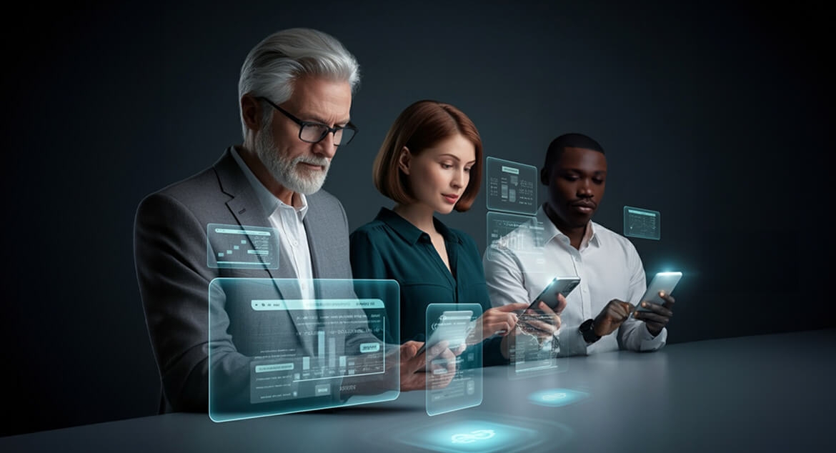 3 individuals sitting at a table working on their mobile devices