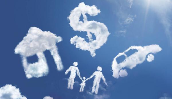 clouds in the shape of a house, car, dollar sign and family