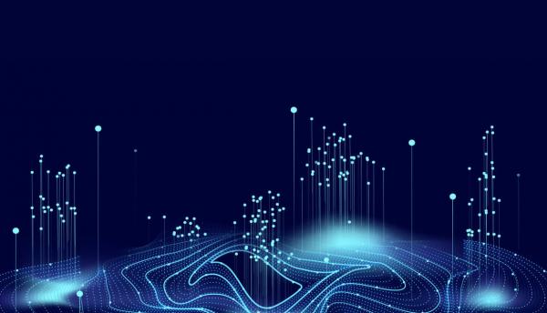 blue digital illustration of data points forming a rolling landscape with a black hole in the center
