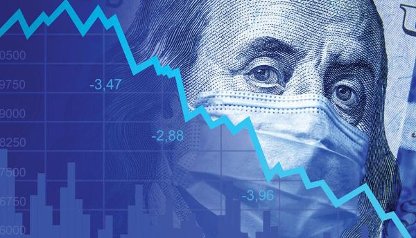 blue image of Benjamin Franklin from a $100 bill wearing a mask overlaid with economic graph trending down