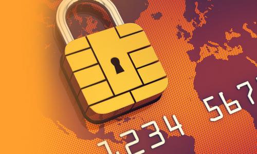 Credit card security chip forming a closed padlock representing card security and fraud protection