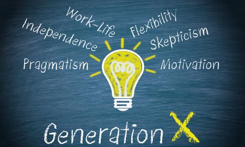 Chalkboard illustration of a lightbulb and descriptors of Generation X such as skepticism and pragmatism