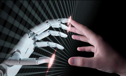artificial intelligence hand and a human hand pointing to each other