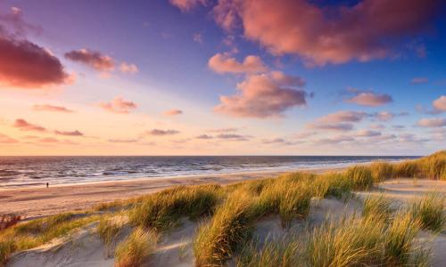 Seaside with sand dunes and colorful sky at sunset