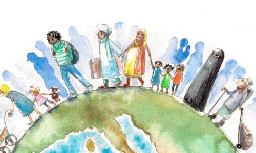 Watercolor illustration of people migrating across the world