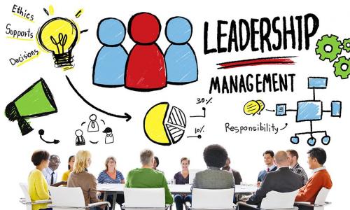 diverse team members learning together with colorful drawing of leadership concept above them