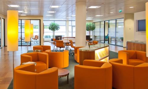 attractive branch lobby or office with welcoming orange seating