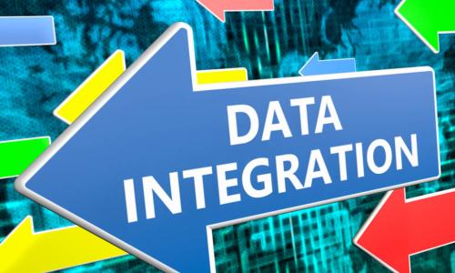 Data Integration text concept on blue arrow flying over green world map background