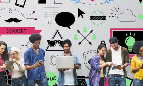 Group of Generation Z members using mobile devices standing in front of a wall of illustrations depicting social media trends and technology