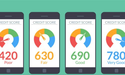Collection smartphones with credit score app on the screen in flat style 