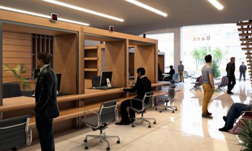 3D rendering of an attractive bank branch lobby and teller booths