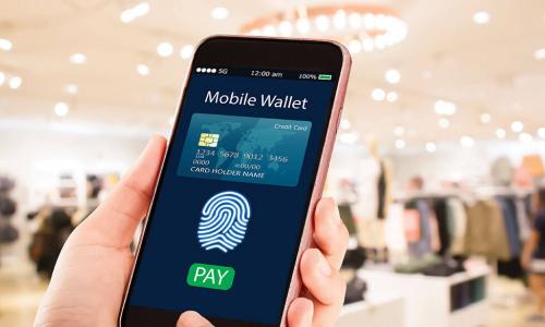 person in clothing store holding smartphone with mobile wallet and fingerprint scan