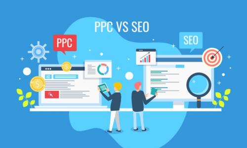 graphic comparing PPC pay per click advertising with SEO search engine optimization