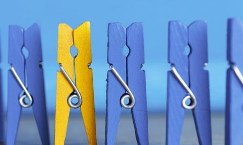 line up of blue clothespins with one yellow one