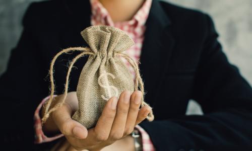 female executive with burlap bag with money symbol in her hand