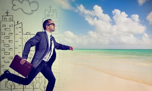 businessman running from illustrated busy city life to the beach