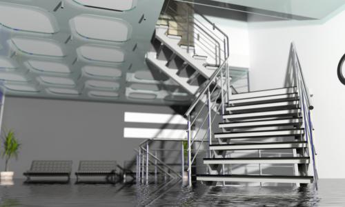 flooded modern branch office interior with metal stairs 