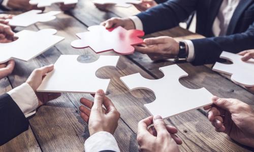 board members holding puzzle pieces with red piece representing the CEO