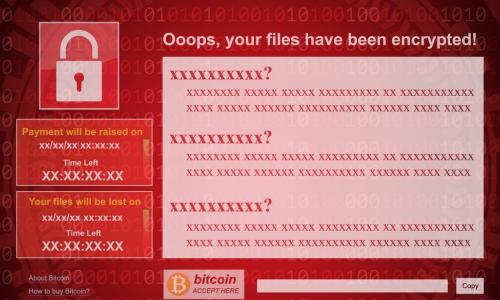 mockup of a red ransomware screen demanding bitcoin payment to decrypt files
