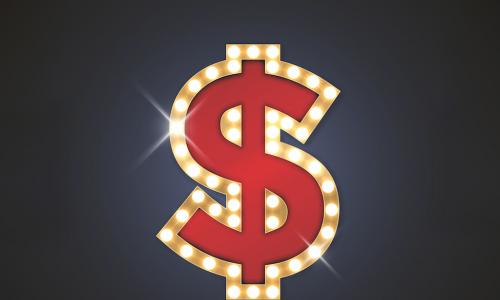 red dollar sign with lights around it