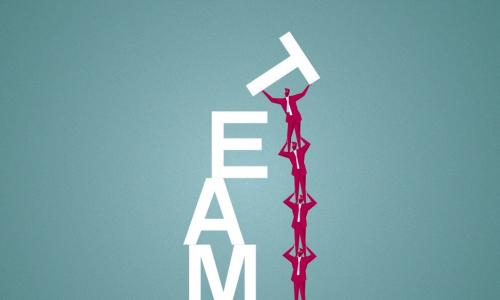 illustration of people forming a human ladder to spell the word TEAM