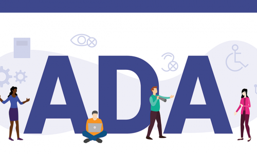 illustration of diverse people around the letters ADA with disability and accessibility icons