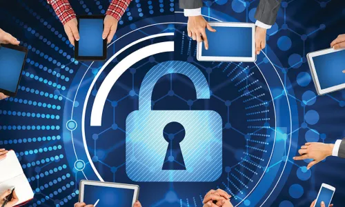 overhead view of people sitting around a table overlaid with image of a security padlock