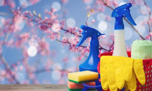 cleaning supplies on spring background