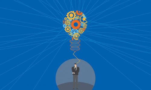 digital illustration of businessman thinking with colorful lightbulb made of gears floats above him
