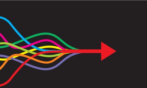 colorful strands merge to form red arrow