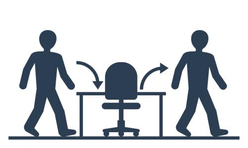 illustration of a worker leaving a desk and a new employee coming to the desk