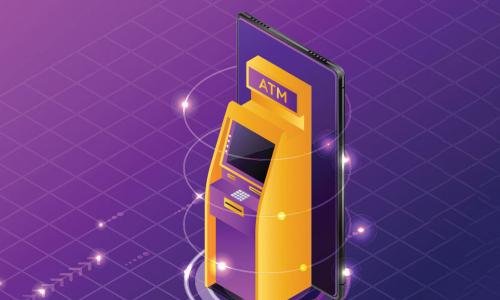 digital illustration of a yellow ATM on a purple grid background