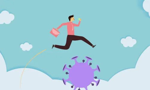 businessman jumping over a representation of a virus