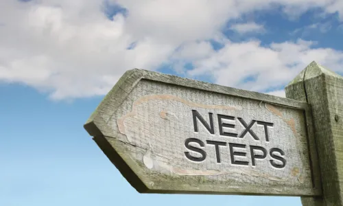 wooden sign pointing left saying next steps