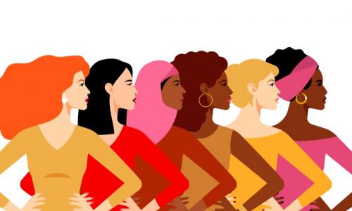 illustration of six different diverse women standing with hands on their hips