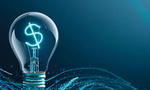 lightbulb with a dollar sign-shaped filament floating above blue digital swirls
