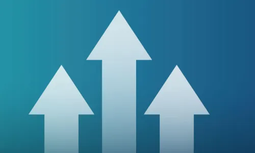 three arrows all pointing upward at different heights on blue-green wall background