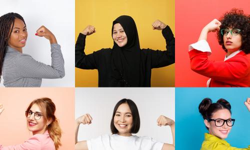 Six diverse women flex their arm muscles