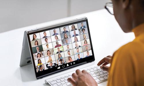 woman joins virtual meeting on tablet