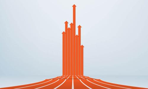 orange racetrack lanes shoot upward at horizon to form rising arrows