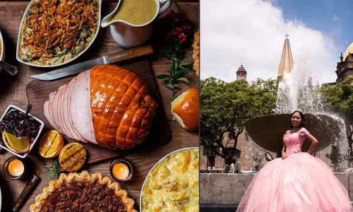 Thanksgiving feast, quinceañera girl in pink gown