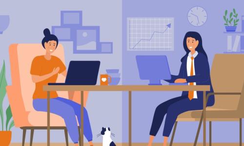 illustration of a business woman working both in the office in a suit and at home with her cat