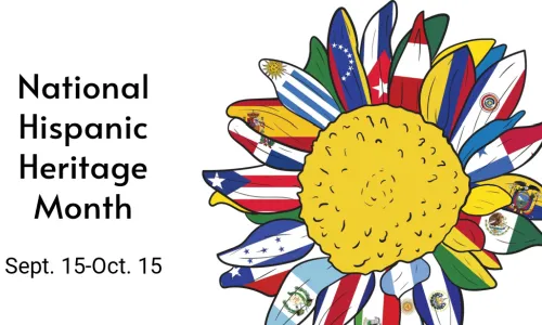 National Hispanic Heritage Month depicted with a flower that has flags of various Latino countries as the petals