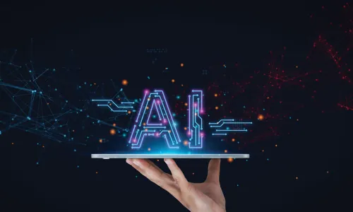 hand holds out tablet device displaying a digital image of AI